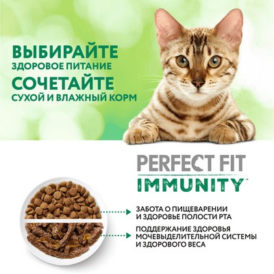 ПЕРФЕКТ Фит сухой корм для взрослых кошек IMMUNITY Усиленная поддержка  иммунитета, с индейкой и добавлением спирулины и клюквы